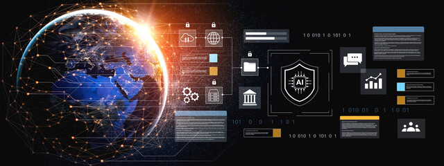 Explore an abstract representation of global connectivity featuring digital data security and artificial intelligence elements on a dark background. Gantry