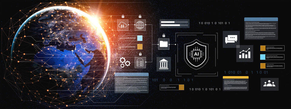 Explore an abstract representation of global connectivity featuring digital data security and artificial intelligence elements on a dark background. Gantry - Powered by Adobe