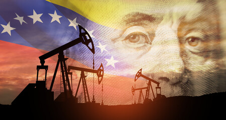 The change in oil prices. Oil price cap concept. Oil drilling derricks at desert oilfield. Oil pump on background of US dollar and Venezuela flag. Petroleum production.