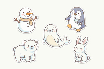 Naklejka premium Cute winter animals and snowman in adorable cartoon style 