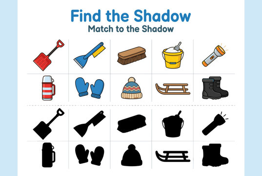 Illustrated matching game with winter objects and their shadows  