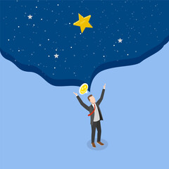 Fototapeta premium 3D Isometric Flat Vector Illustration of Dream Big, Man Standing With Arms Outstretched Under Vast Open Space