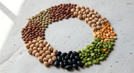 Obraz premium Circle of assorted dry legumes and lentils, including chickpeas, black beans, split peas, and other beans, arranged on a textured surface