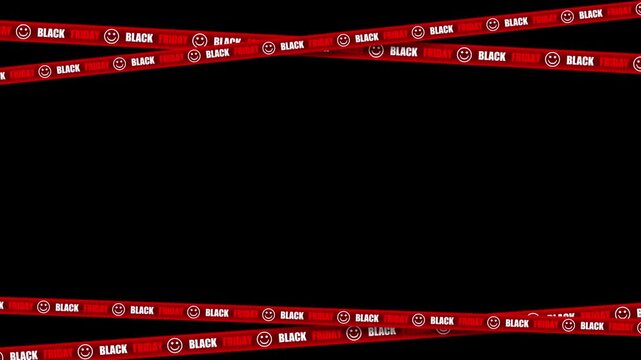 Animated Black Friday text on moving tapes on black background in a seamless loop.