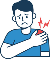 Vector flat illustration of a man suffering from severe shoulder pain, clutching his injured joint with red jagged lines indicating inflammation, trauma, or arthritis.