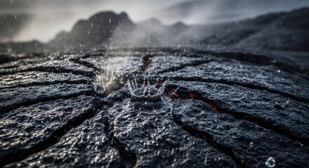 Raindrop falling onto cooling volcanic rock, creating a splash crown effect, with red hot lava visible in cracks. Natural phenomenon.
