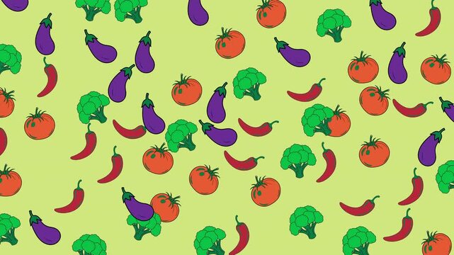 Seamless pattern vegetables such as tomato, eggplant, broccoli, and chili pepper on a light green background. Perfect for culinary themed designs, food packaging, kitchen textiles, or any project that