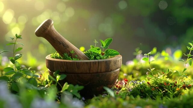 Fresh green herbs in a wooden mortar and pestle bathed in natural light