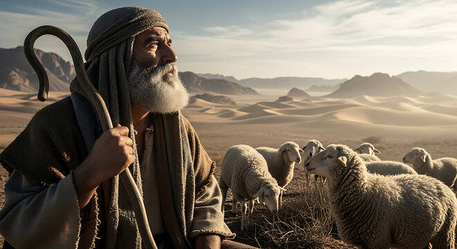 An elderly shepherd with sheep and crew surveying a parched desert