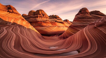 Rock formation in desert landscape with flowing patterns at sunrise