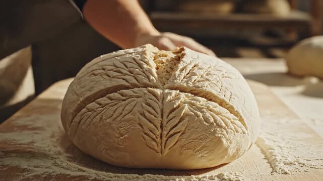 Artisan bread loaf scoring close up flour wooden surface culinary concept