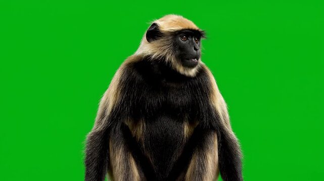 A Gray Langur Monkey Sits Patiently Against a Vibrant Green Background.