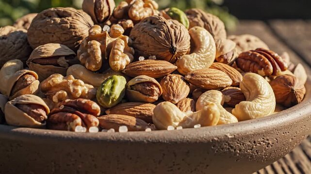 Assortment of various nuts displayed in a ceramic bowl close up