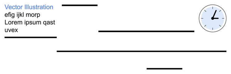 Time tracking, efficiency, productivity, planning, scheduling, paperwork. Document layout with lines and a clock icon. Time tracking and efficiency concept for business management