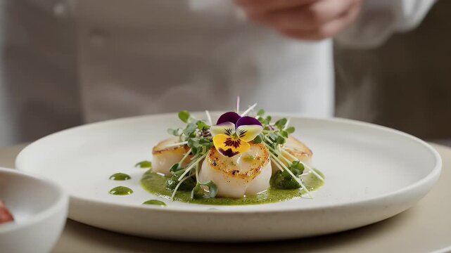 Chef garnishing plate with seared scallops and edible flowers