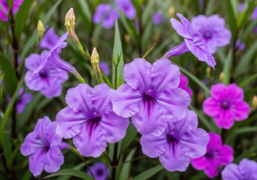 Purple Ruellia Simplex Mexican Petunia flowers blooming in a garden setting