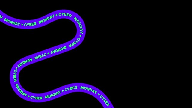 Seamless loop of a purple wavy ribbon with green Cyber Monday text moving on a solid black background.
