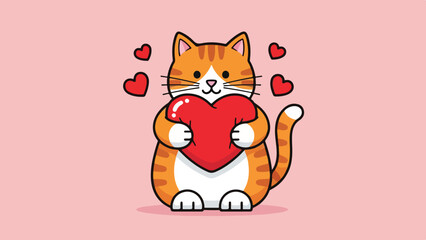 Cute Cartoon Cat Holding a Big Red Heart, Love Concept