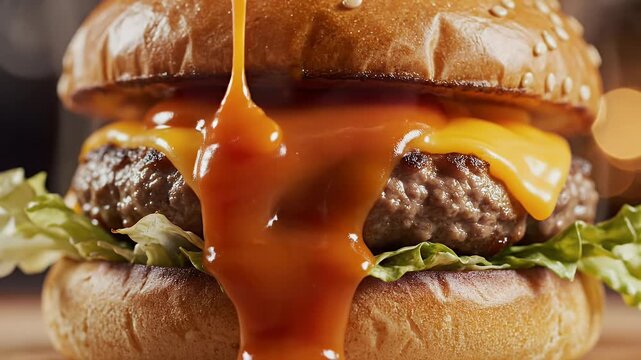 Close up of a burger with sauce pouring on top showing a detail of the ingredients