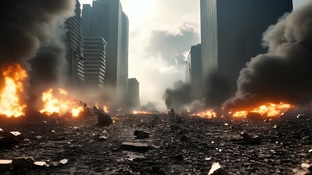 Dramatic cityscape with intense fires and destruction in urban landscape
