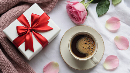 Gift box and coffee with rose petals