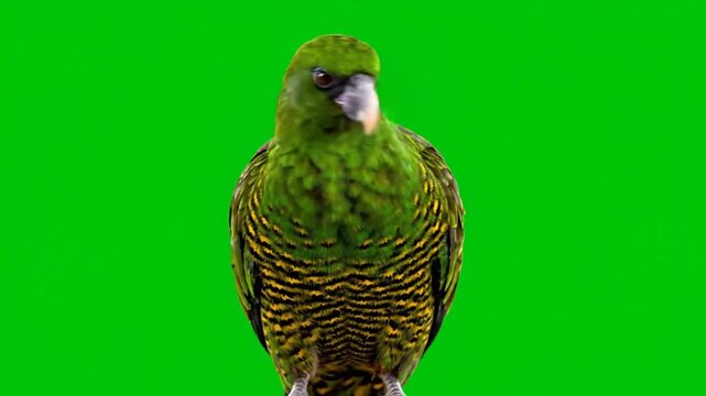 A green parrot with brown stripes sits on a perch against a green screen background.