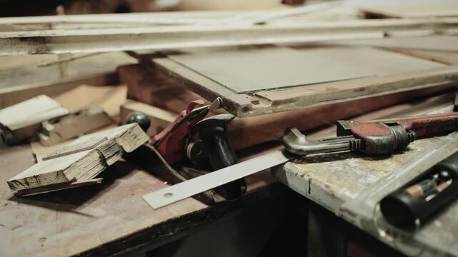 A close up on tools and scrap wood in a factory. Dallas, Texas.