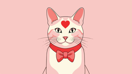 Cute Cat with Heart on Head and Bowtie on Pink Background