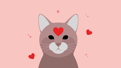 Cute Cat with Heart on Head and Hearts on Pink Background