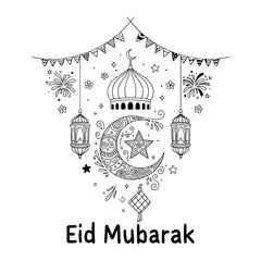 Eid mubarak greeting card design with mosque crescent and lanterns