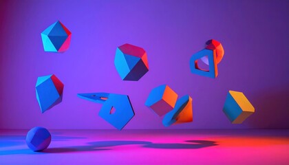 Abstract geometric shapes floating in a vibrant neon scene.