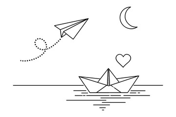 Simple paper plane and boat illustration with moon and heart