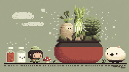 Fototapeta premium Potted plant with cartoon characters nearby.