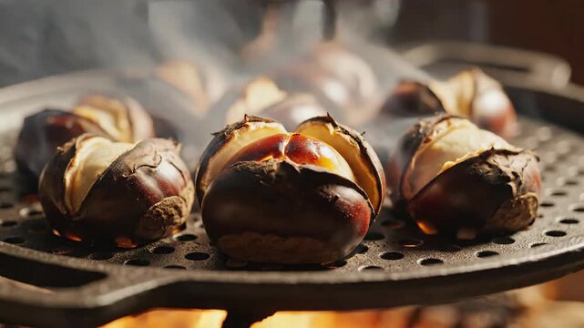 Close up of roasting chestnuts with steam on a grill