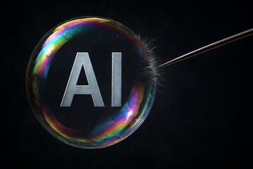 Needle Popping Artificial Intelligence Soap Bubble Symbolizing Market Hype