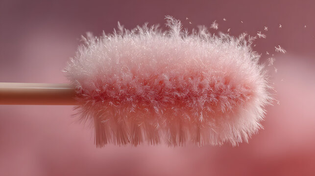 Macro-shot of soft pink brush, revealing its delicate texture, creating an ethereal and gentle aesthetic.
