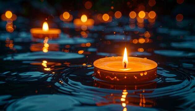 Floating candles create a serene and magical atmosphere on water.