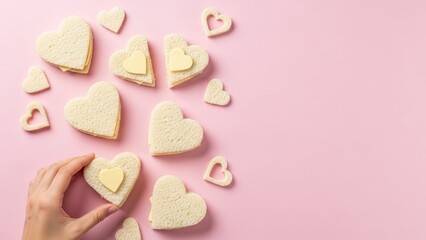 Obraz premium Heart shaped bread sandwiches with butter on pink