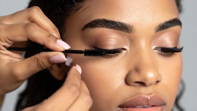 Professional makeup artist applying mascara on female model's eyelashes