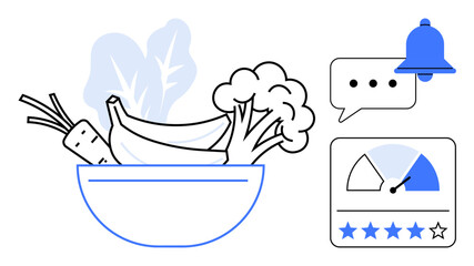 Healthy eating. A bowl of fresh fruits and vegetables s healthy eating. Also includes feedback, notification, and rating symbols for wellness, food services, and consumer reviews. include health