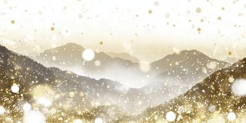 Mountains and misty hills covered in gold sparkles, glowing landscape with shimmering scenery, winter atmosphere and beautiful glow