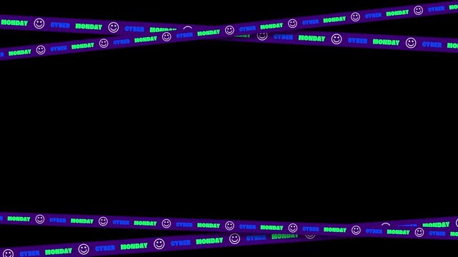Cyber Monday text on moving purple tapes with smiley face icons in a seamless loop on black background.