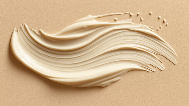 Wavy cream smear on beige texture background. Creamy white sunscreen lotion swatch, moisturizer skincare product