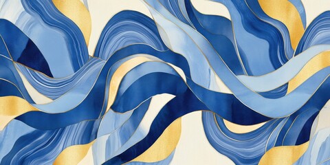 Abstract blue and gold waves pattern blending modern style with elegant luxury. Artistic flowing design creates visual movement, perfect background for decor or creative projects.