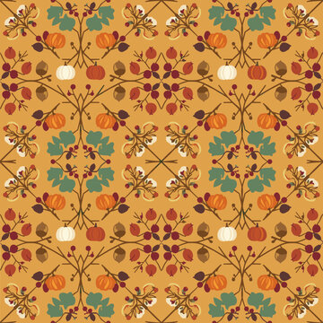 Rustic autumn harvest seamless pattern with pumpkins berries and acorns Seasonal background