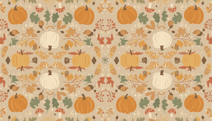 Warm rustic autumn seamless pattern featuring pumpkins fallen leaves acorns and mushrooms © Craft