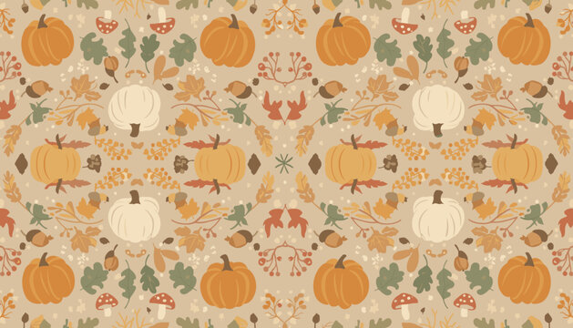 Warm rustic autumn seamless pattern featuring pumpkins fallen leaves acorns and mushrooms