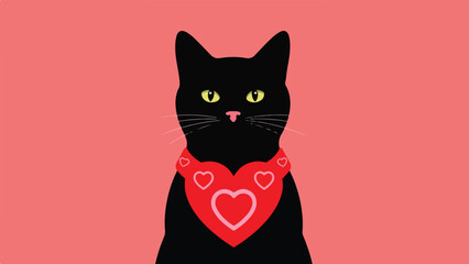 Black Cat with Valentines Day Hearts on Pink Background