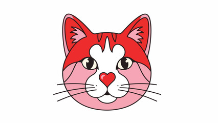 Cartoon Cat Head in Pink and Red with Heart Nose