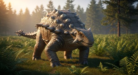 Fototapeta premium Ankylosaurus dinosaur walking across a prehistoric fern field. Ancient reptile in a tropical jungle habitat. Paleontology and Jurassic period concept.
